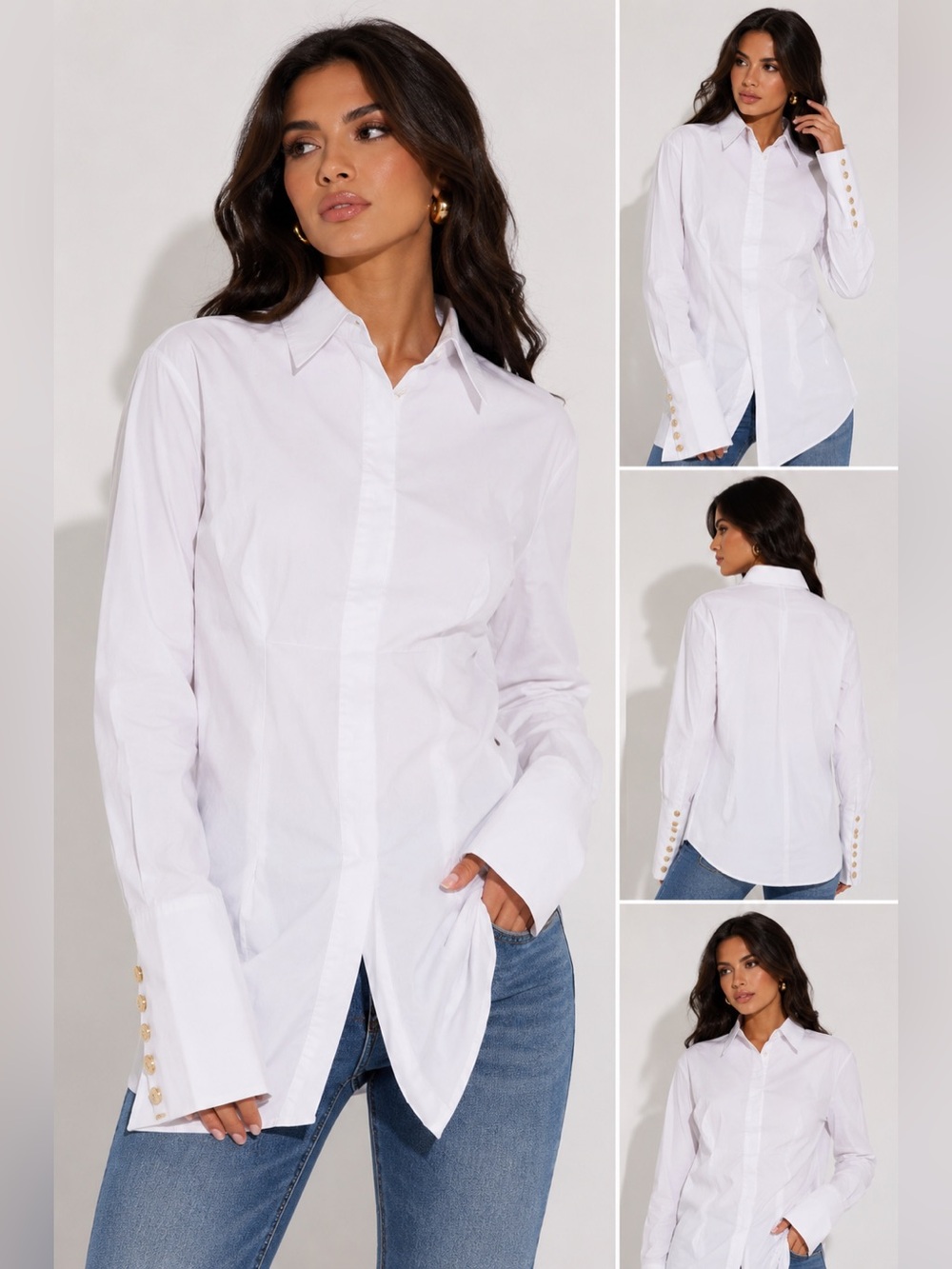 Glitz White Button-Front Shirt with Gold-Cuff Detail